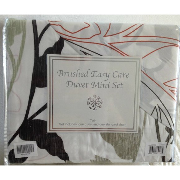 Duvet Cover & 1 Red Scrolling Vine Sham Twin Mini Set Printed Brush Bedding - Picture 3 of 11